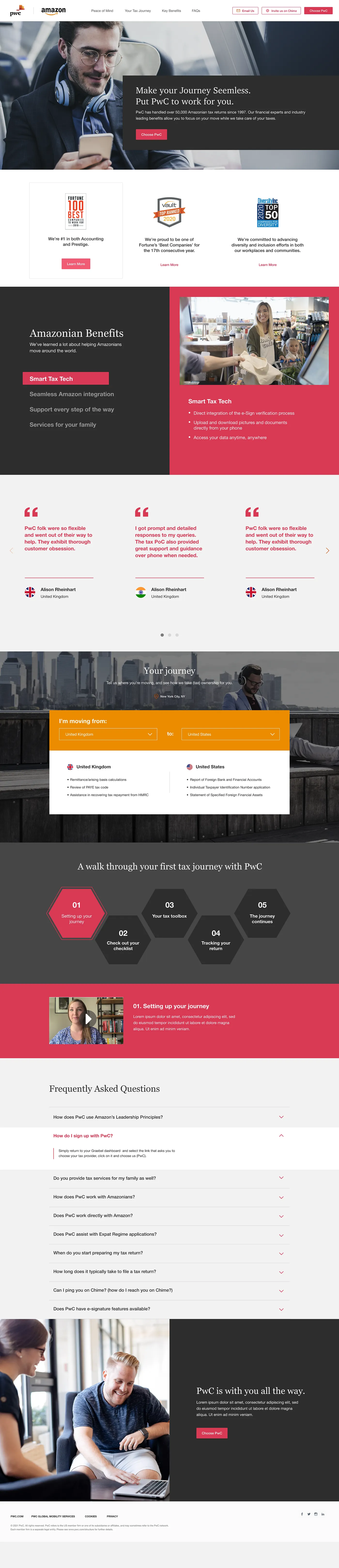 Archived PwC and Amazon website showing employee benefits and relocation information