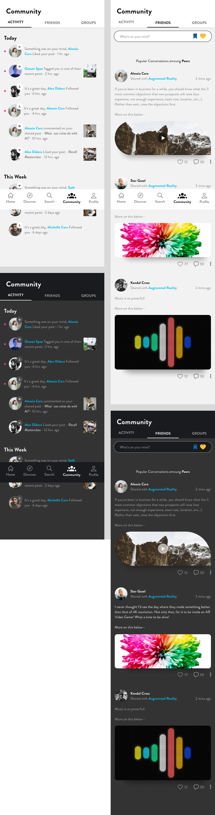 Light and dark community interface concepts with activity and discussion feeds