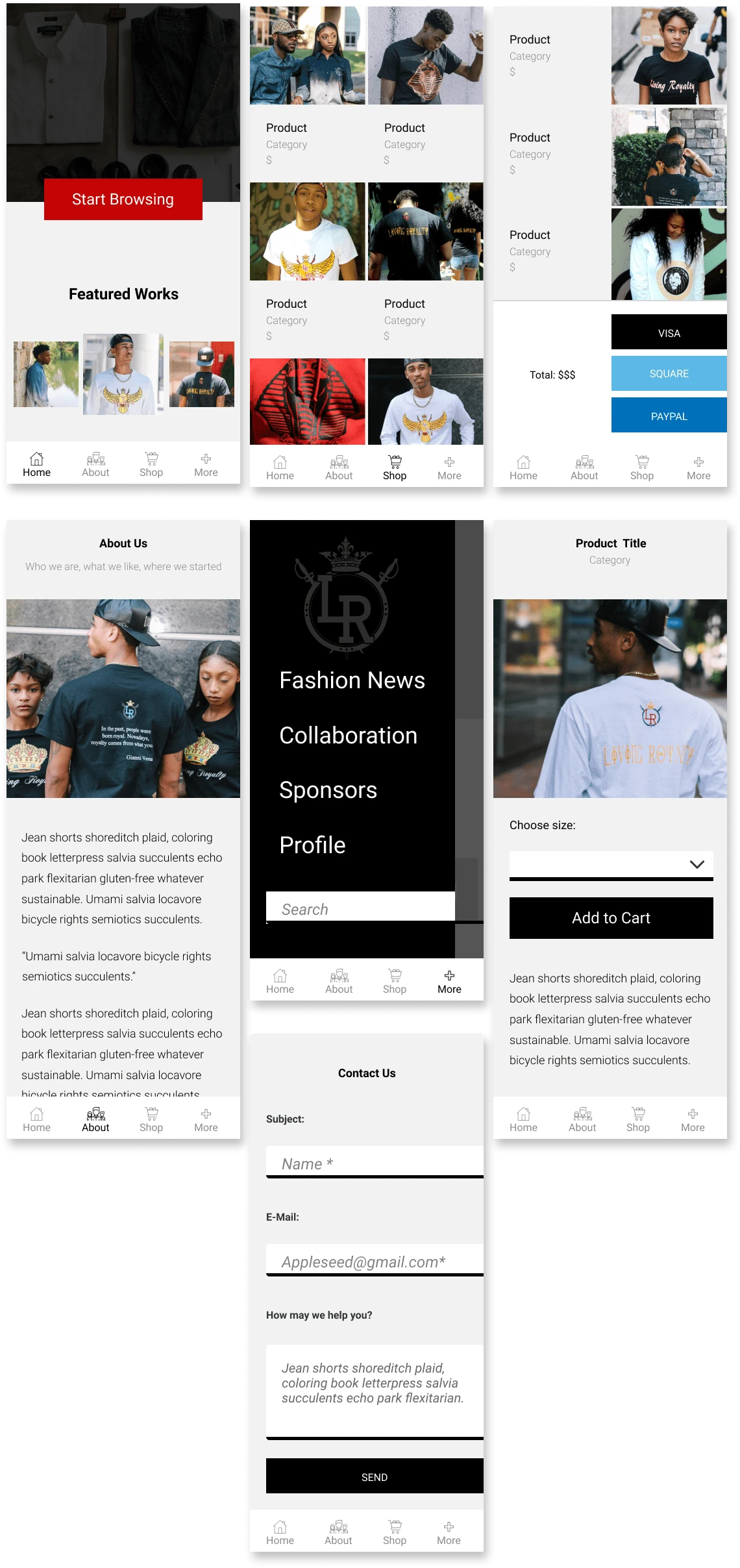 Original Living Royalty mobile prototypes covering the storefront, collection, product, cart, and contact pages
